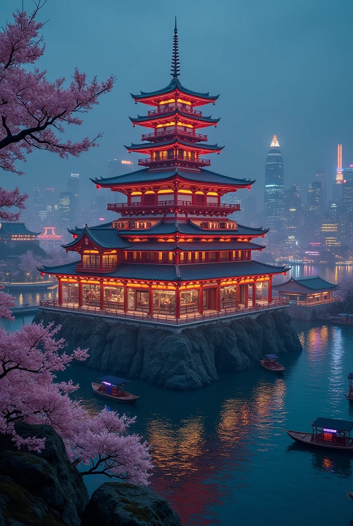 pagoda epic scale surrounded by shops asian chinese Japanese style in the ocean island surrounded by small ports with merchant boats, island with cherry blossom, night time, festive  aerial shot many boats island surrounded by ports, island central point, cyberpunk signage neon floating, asian japanese chinese busy shops pagoda with neon signages like hologram, cherry blossoms, festive, night, cyberpunk futuristic