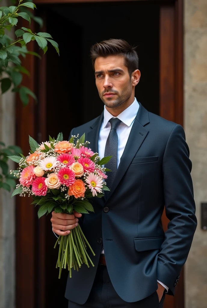 (photorealism:1.2),a handsome lawyer, standing before the door, burflower tree in hand,