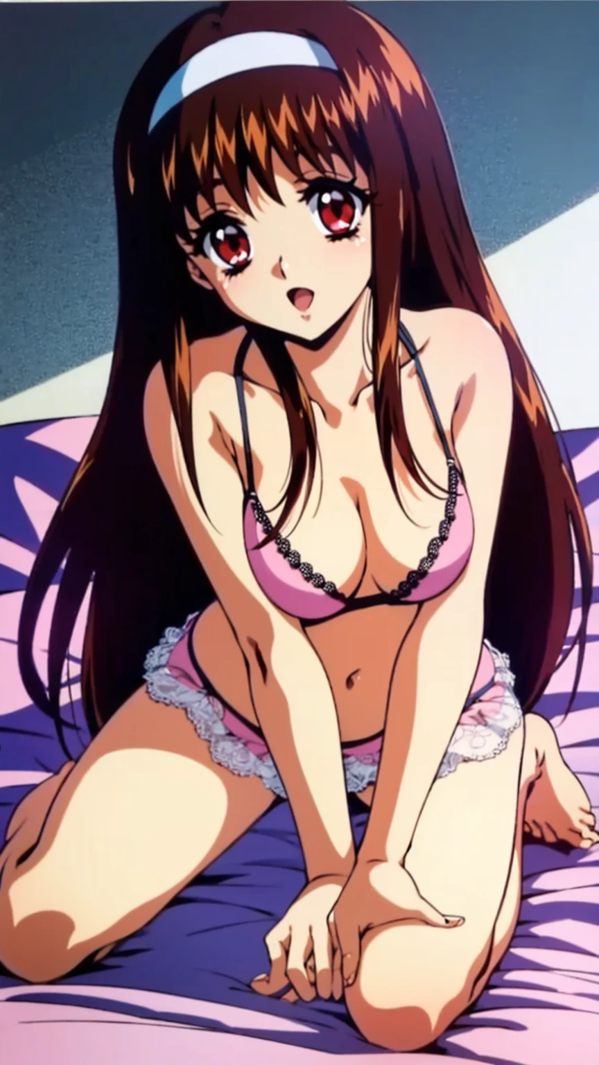 Yuuki Mizuho, One person, alone, Long Hair, hair band, Brown Hair, Red eyes, Open your mouth, blush, Lips parted, liar, On the bed, From above, retro artstyle, ghostwhite bra, ghostwhite panties, barefoot, Lack of shoes, No skirt, cowgirl position, open legs, on bed, 1990s (style), expensive quality, very_expensive_solve, big_file size, Full Color,(nup, plunging necklines:1.5)