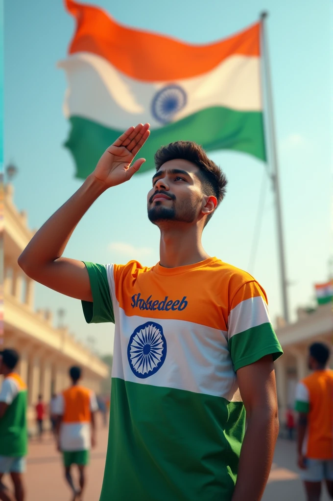 A person salutes the Indian flag with his right hand on 15th August and 'Shahedeeb' is written on his colourful T-shirt
