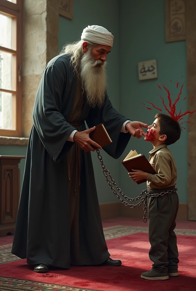  Amullah stay in mosque, there is a son sitting in front of him which chained up, also the son held abook and he is reading, the mullah  beating the son with the end of chain, there is a blood dripping from the head of the son , and he struggling to stop the blood 