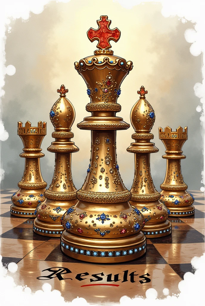 drawn drawing, Sticker
Chessboard, under it is written in Russian the word "Results" in Cyrillic. Russian letters
chess pieces stand next to each other. They are set with rhinestones and beautiful stones. Golden color. Luxury luxury