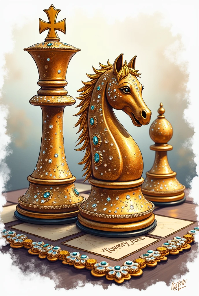 drawn drawing, Sticker
Chessboard, under it is written in Russian the word "Results" in Cyrillic. Russian letters
chess pieces stand next to each other. They are set with rhinestones and beautiful stones. Golden color. Luxury luxury