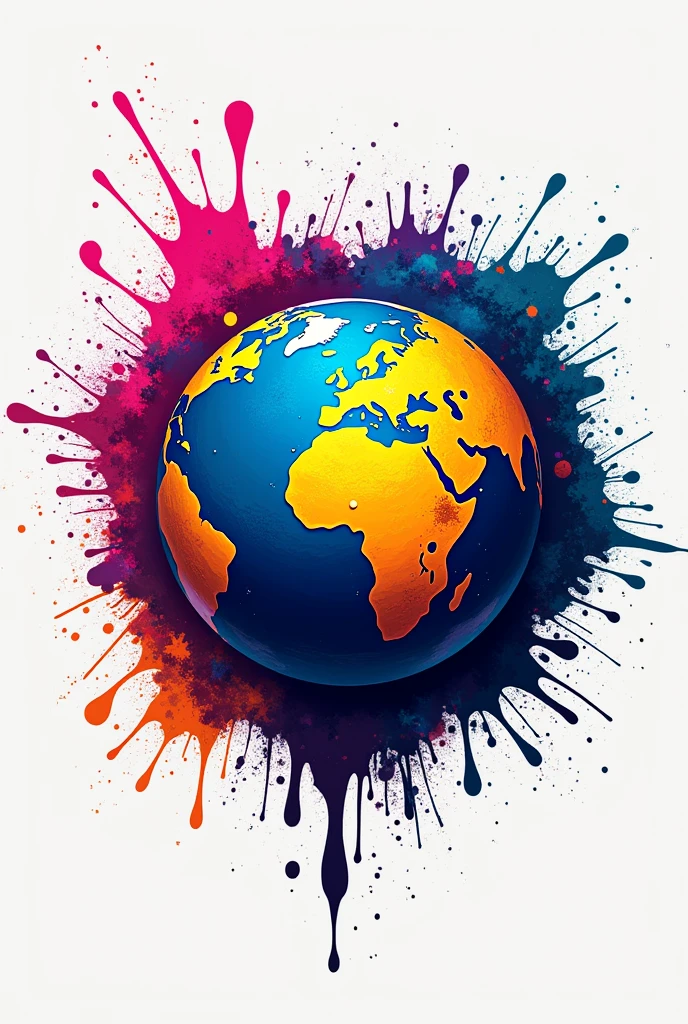 Logo based on planet earth with cyan colors, magenta, yellow and black in paint splatter shapes.