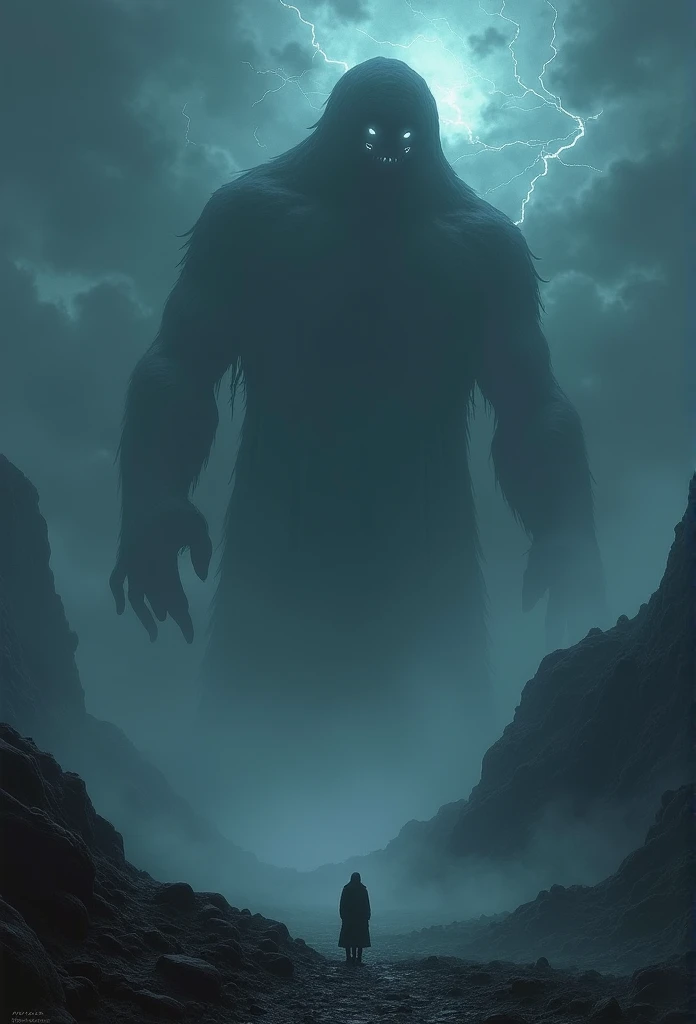 The total length is over 30 meters. Lurking in the dark clouds. Ambiguous shape. shadow. Become one with the darkness. The eerie eyes glow faintly. The overall atmosphere is mysterious and frightening. Night sky in a mountainous area shrouded in fog and strong winds. electromagnetic waves,