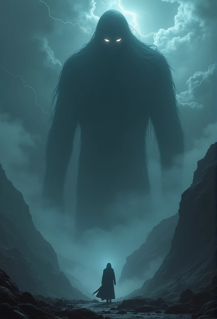 The total length is over 30 meters. Lurking in the dark clouds. Ambiguous shape. shadow. Become one with the darkness. The eerie eyes glow faintly. The overall atmosphere is mysterious and frightening. Night sky in a mountainous area shrouded in fog and strong winds. electromagnetic waves,