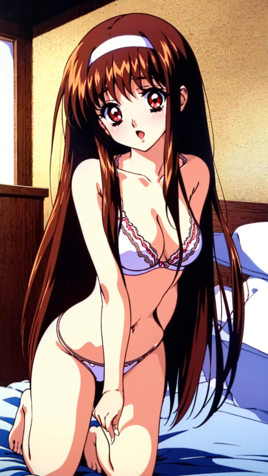 Yuuki Mizuho, One person, alone, Long Hair, hair band, Brown Hair, Red eyes, Open your mouth, blush, Lips parted, liar, On the bed, From above, retro artstyle, ghostwhite bra, ghostwhite panties, barefoot, Lack of shoes, No skirt, cowgirl position, open legs, on bed, 1990s (style), expensive quality, very_expensive_solve, big_file size, Full Color,(nup, plunging necklines:1.5)