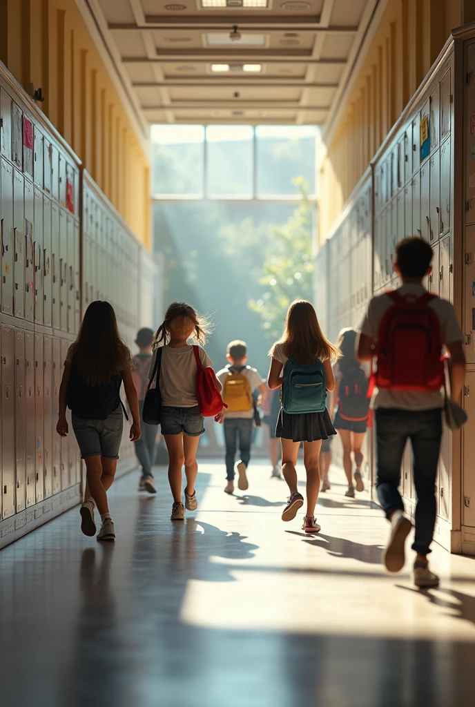 A bustling, luxurious school hallway, with lockers lining the walls and students passing by. The environment should be typical of a high-end school, with bulletin boards and windows letting in natural light..realisitic, cinematic, 8k