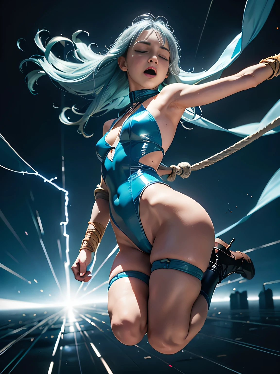 superheroine, long long gorgeous light blue hair, ((rough rope wrapped around body, tighten up)), latex, leotard, skyblue and white costume, captured, , static restrained, ((arms behind back)), chained, rope bind,collared, cruelly, painful, helpless, humiliating, regrettable, being whipped,((screaming in pain)), falling body, eyes closed, running away, ((directly strucked by electric shock)), lean back, body lying down, body fall down, floating in air, full body shot, in alien land, bondage