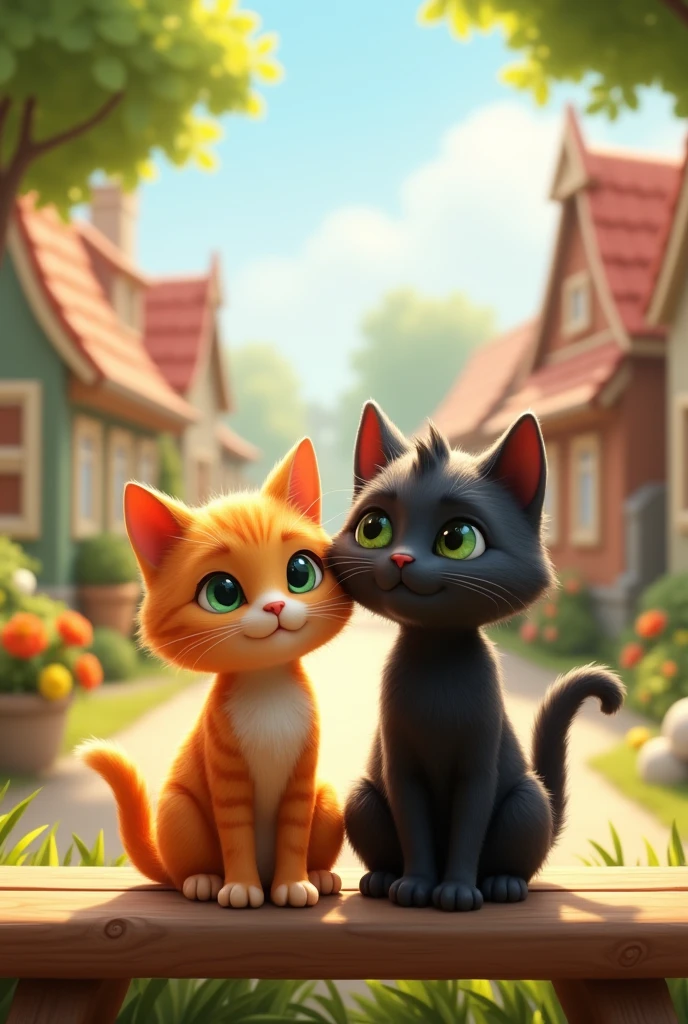 Create cat story in 3d style"
Lily and Whiskers Together:** Lily and Whiskers sitting together on a bench, enjoying a sunny day in the village, with a backdrop of their peaceful home.