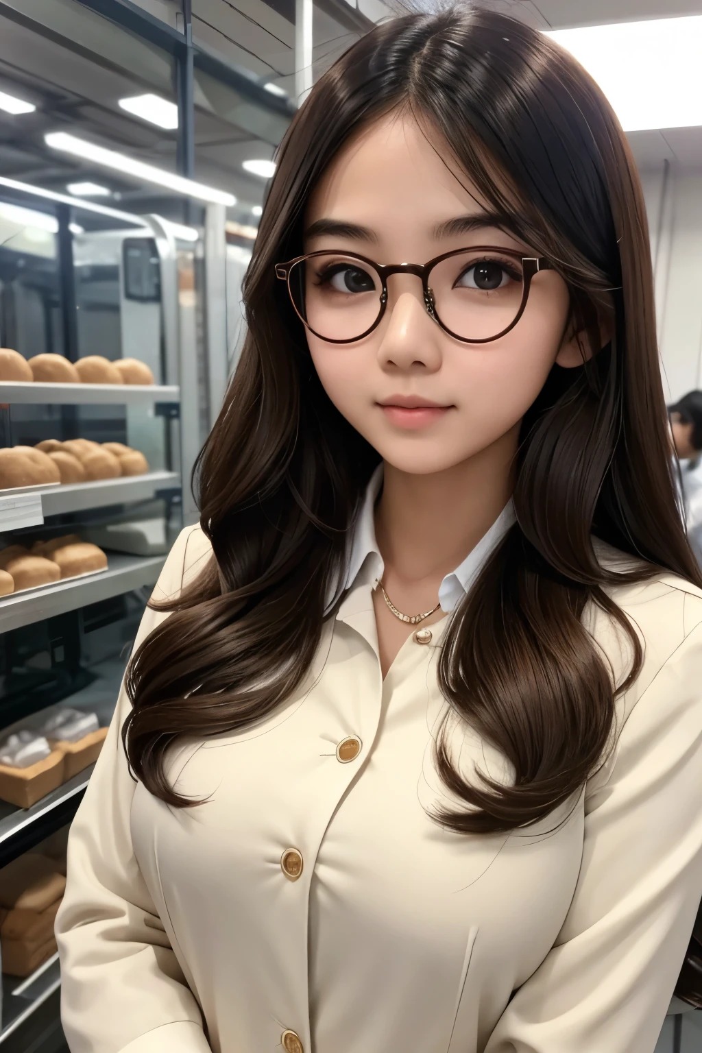 detailed face of photo. 20 year old white skin slim body Indonesian girl with a sweet face, round face chubby face and long brown wavy hair, round glasses Wear formal smart outfit in factory