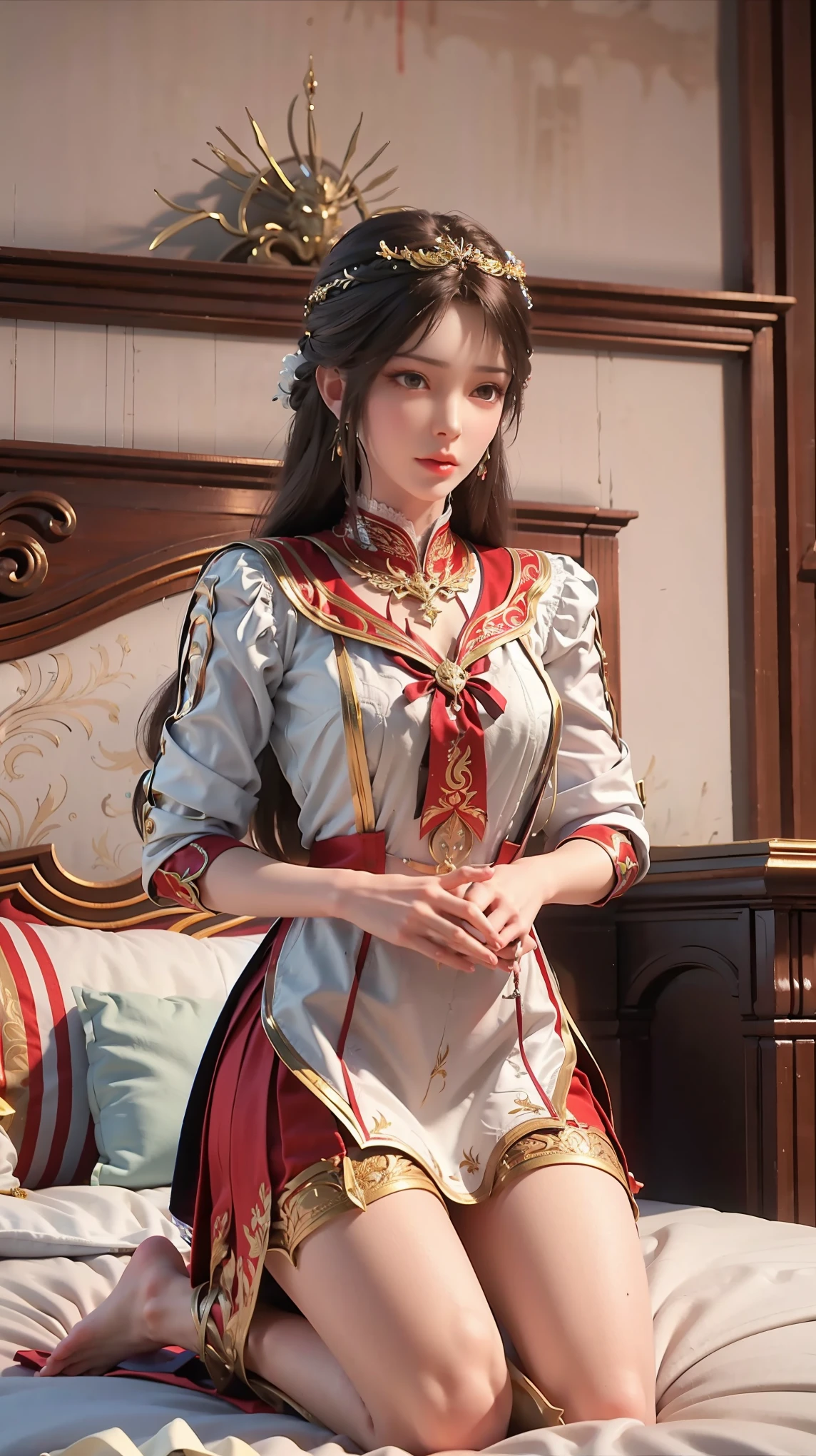 best quality,masterpiece,The Ultimate Solution,Fluffy,Extremely colorful,Mature beautiful woman,(Dress school uniform),Lace skirt,(Beautiful woman beheaded),Normal posture,(Kneeling),Kneeling on the bed,shackles,Beheading,collar,barefoot,Normal posture