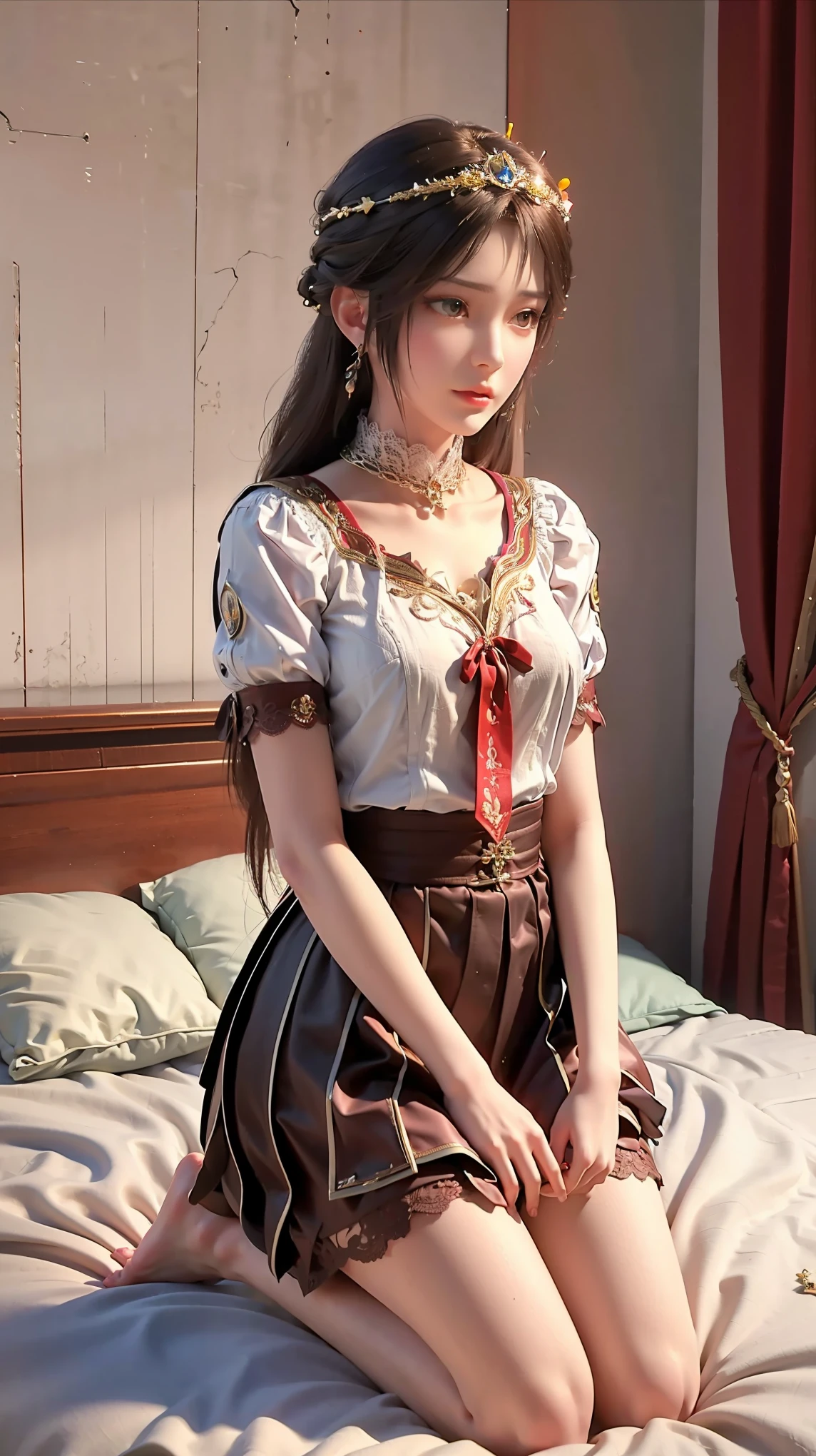 best quality，masterpiece，The Ultimate Solution，Fluffy，Extremely colorful，Mature beautiful woman，（Dress school uniform），Lace skirt，（Beautiful woman beheaded），Normal posture，（Kneeling），Kneeling on the bed，shackles，Beheading，collar，barefoot，Normal posture