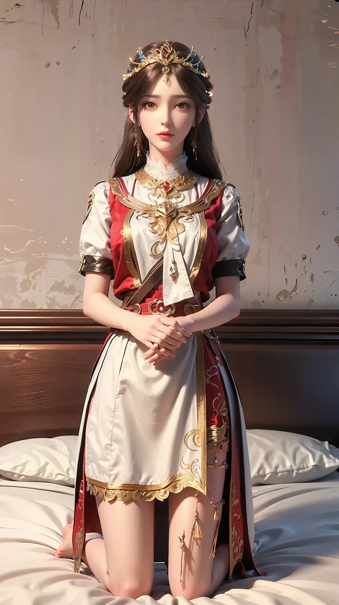 best quality，masterpiece，The Ultimate Solution，Fluffy，Extremely colorful，Mature beautiful woman，（Dress school uniform），Lace skirt，（Beautiful woman beheaded），Normal posture，（Kneeling），Kneeling on the bed，shackles，Beheading，collar，barefoot，Normal posture