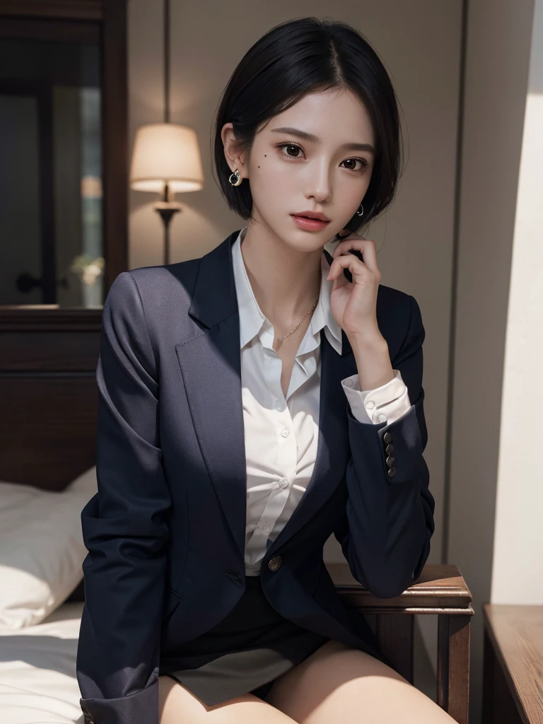 absurdres, RAW photo, extremely delicate and beautiful, masterpiece, Best Quality, ultra high resolution, 32k, hyper realistic, ultra-detailed, Very detailed CG 8k wallpaper, detailed background, landscape, Beautiful Lighting, Perfect Lightning, Realistic Shadows, perfect anatomy, anatomically correct, ideal ratio body proportions, perfect figure, Perfect Style, Perfect balance, super Detailed skin, in her 10s, very Slim body, narrow waist, very small head, very small face, delicate facial features, handsome detailed woman, very detailed eyes and face, realistic face proportions, Realistic beautiful face, Realistic beautiful eyes, tearful mole, earring, (very huge round tits), medium short hair, asymmetrical hair, wavy hair, clavicle, ((blazer)), ((collared shirt)), dress shirt, button shirt, bare legs, whole legs, office lady suit,