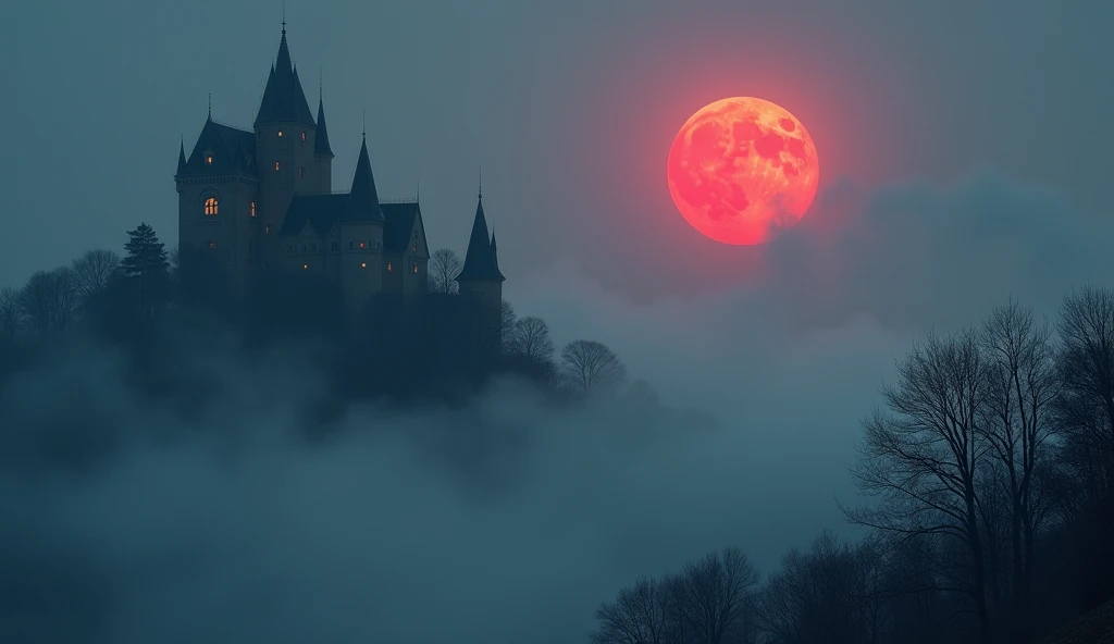 Mysterious Fog, light particles, old castle, red moon, 