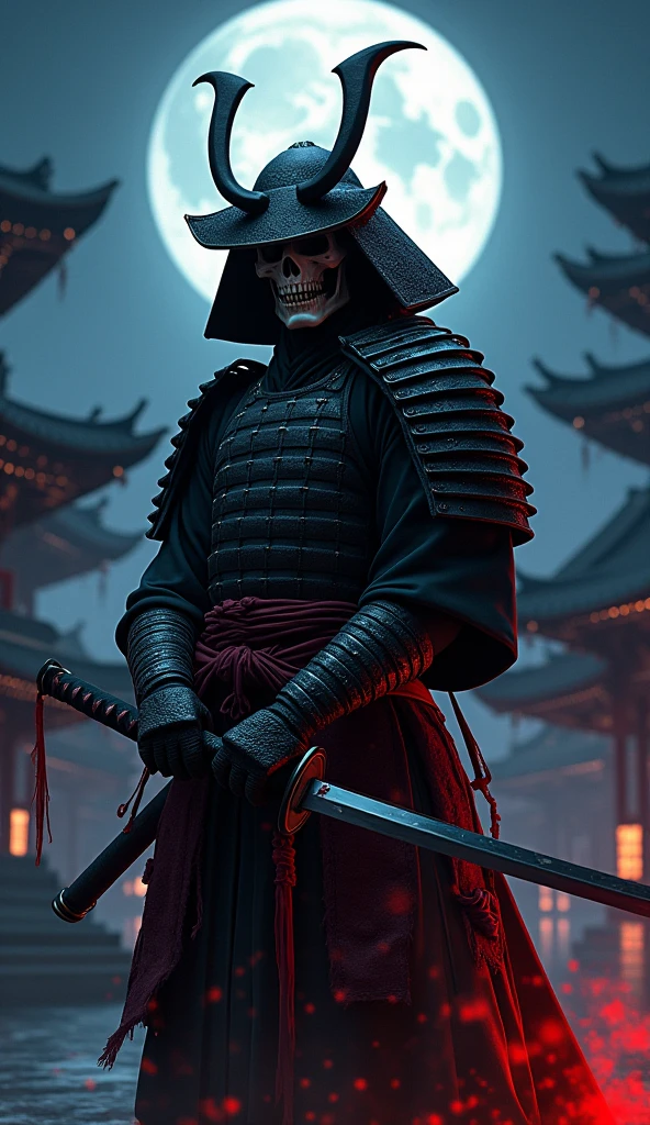 Samuraï guy, in black and red costum, with his katana in his hands, dark moon in the background, asain temple in the back, part of his skull is skeleton, his helmet has two horns, lot of blood fall from the katana, blood on the hands
