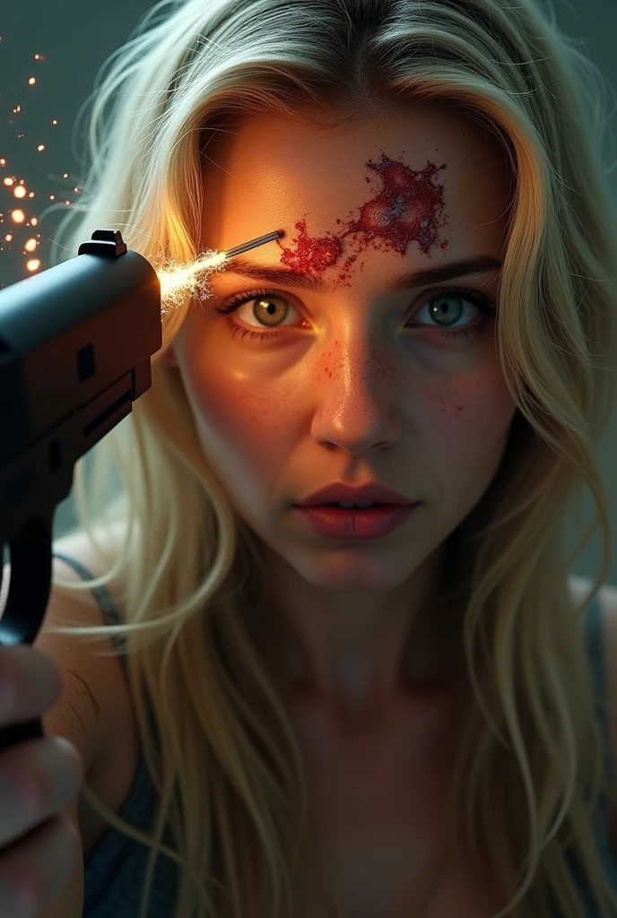 (photorealism:1.8), one beautiful Slavic blonde young girl with a gun on her head pulling the trigger… the bullet is going outside from the other side of her head with blood an particles going out while it’s possible to see still live in her eyes. Her expression is beautiful and calm with big eyes open