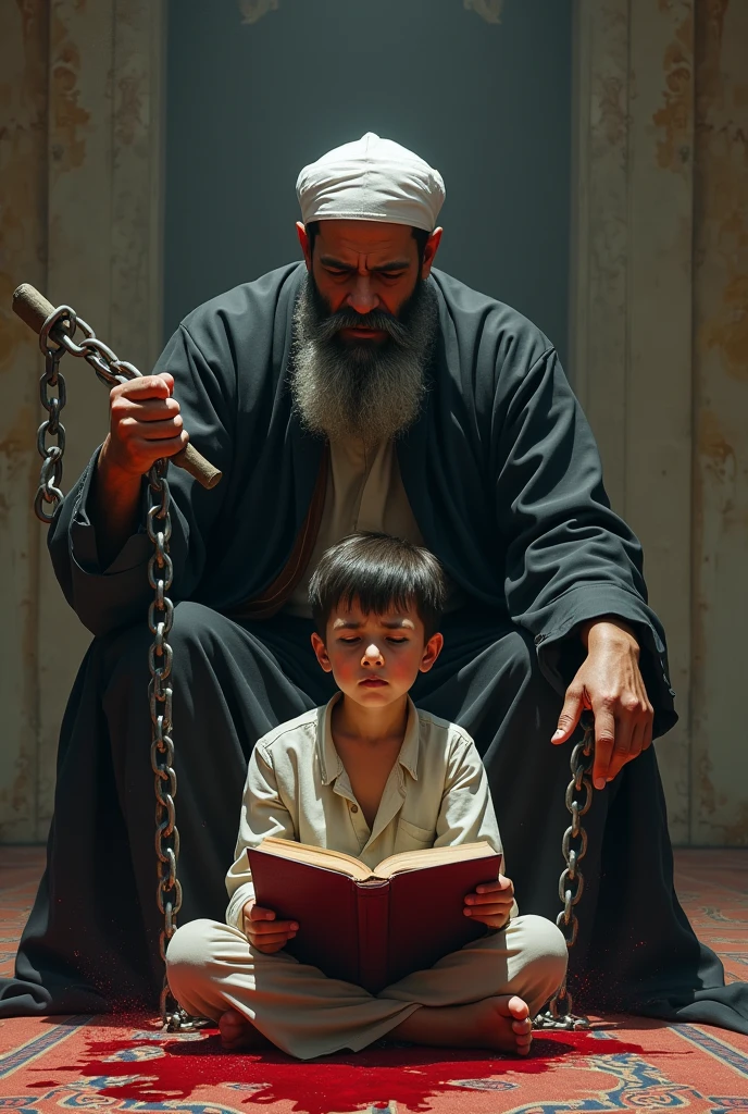  Amullah stay in mosque, there is a son sitting in front of him which chained up, also the son held abook and he is reading, the mullah  beating the son with the end of chain, there is a blood dripping from the head of the son , and he struggling to stop the blood 