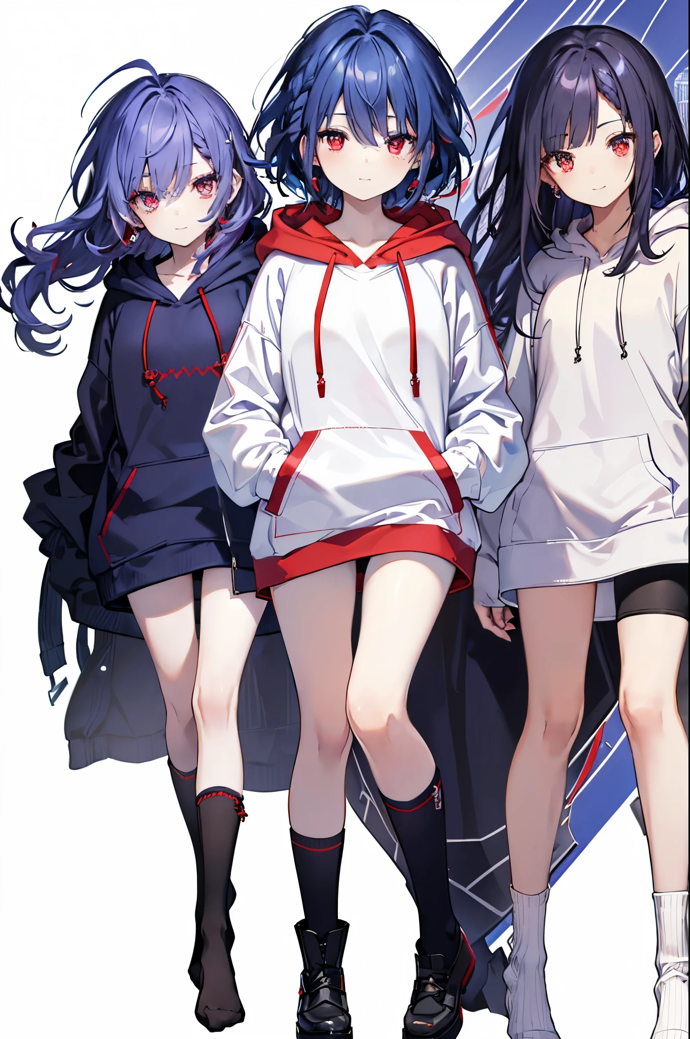 {{masterpiece}}, The best quality of life, 、((short indigo hair、Deep blue hair)Braided Hair) 、 Cute female, 、One woman、(((Crimson Eyes、Red eyes、Red eyes)))、Expressionless adult woman、((White background))、small but well-shaped breasts,、(((White shaggy hoodie、Black knee-high socks)))、smile、smile、Small earrings