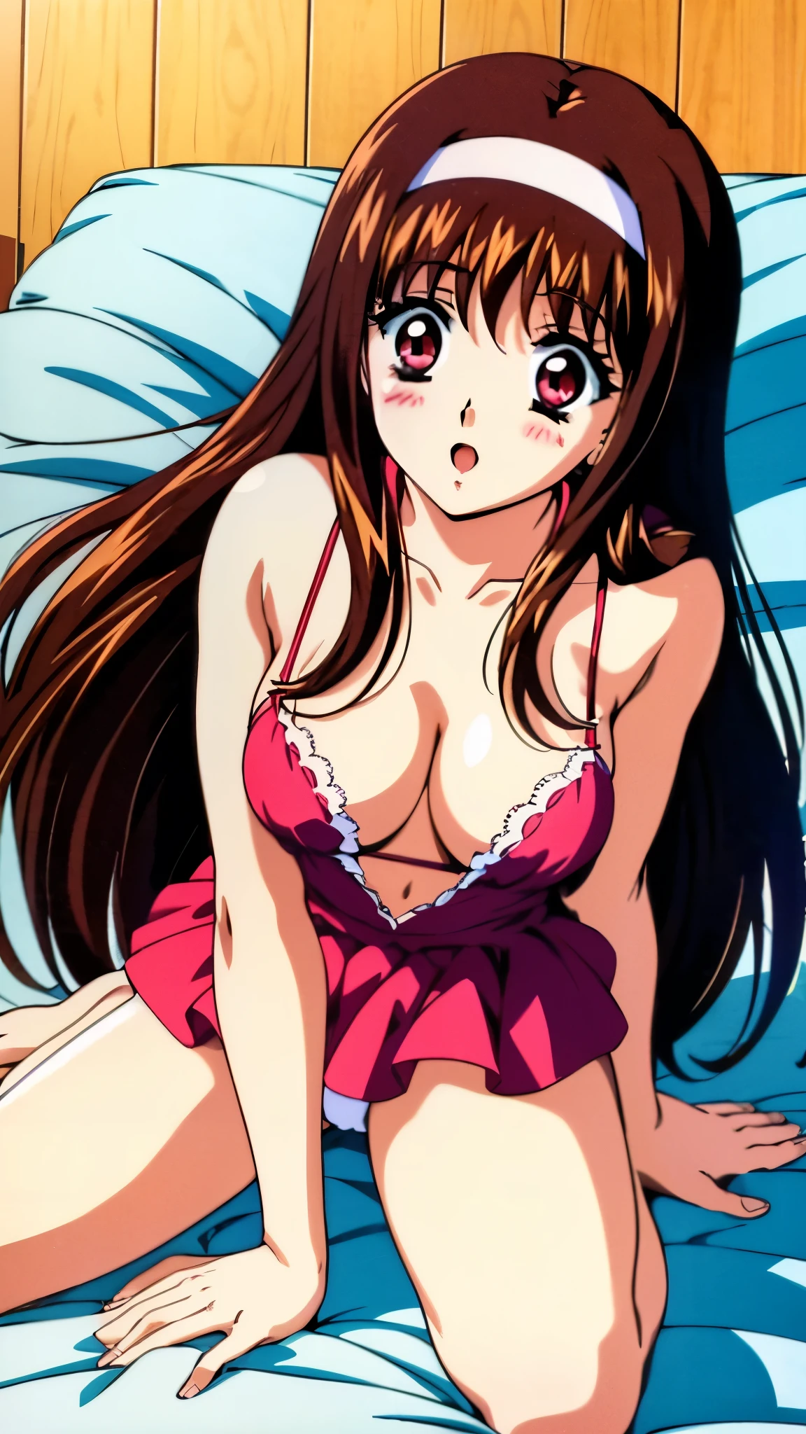 Yuuki Mizuho, One person, alone, Long Hair, hair band, Brown Hair, Red eyes, Open your mouth, blush, Lips parted, liar, On the bed, From above, retro artstyle, ghostwhite bra, ghostwhite panties, barefoot, Lack of shoes, No skirt, cowgirl position, open legs, on bed, 1990s (style), expensive quality, very_expensive_solve, big_file size, Full Color,(nup, plunging necklines:1.5)