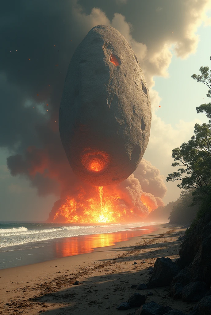 ((scientific credibility)), a massive asteroid impact on a Earth planet, asteroid smoke trail, apocalyptic and dramatic sci-fi scene, highly detailed, cinematic, dramatic lighting, volumetric clouds, debris field, cracked ground, glowing lava, fiery explosion, cinematic camera angle, concept art style, muted color palette, photorealistic, 8k, best quality, beach, forest