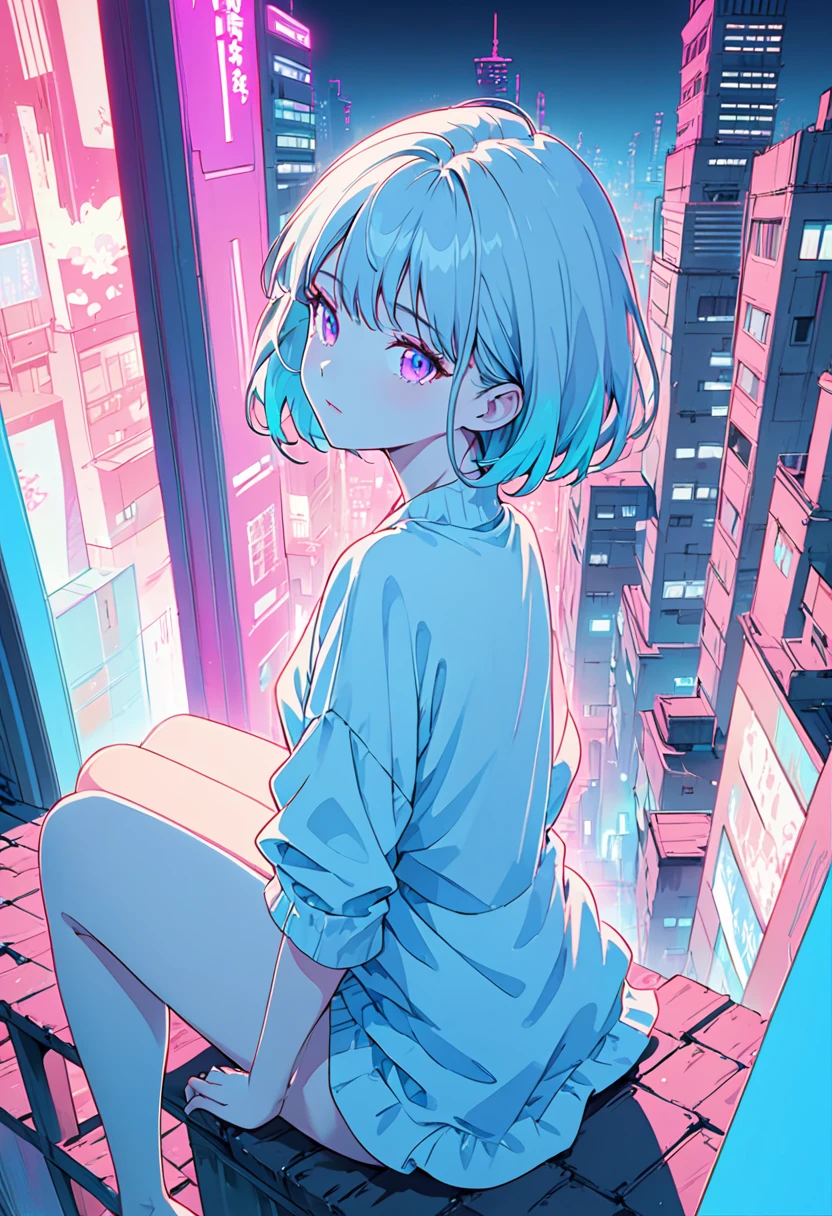 masterpiece,Highest quality,1 Synthwave style girl,Blue outline,Neon lit street,Blue fluorescent paint,alone,From above,Cowboy Shot,Sitting on the roof of a building,Highly detailed CG,Flat Color,Limited edition palette,No Line Art,silhouette,Partially colored,Alternative color,Dynamic Angle,Blue long top champagne,Purple Shadow,Synthwave,chromatic aberration,(alone focus),Perfect Shadow,Completely naked,Delicate face,,Beautiful and delicate eyes,Light blue hair,Short Bob Hair,Delicate background,Blue Neon Light,