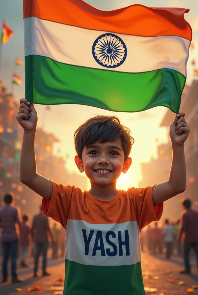 Create a image of boy who hold Indian flag in hand and write Yash on boy t-shirt