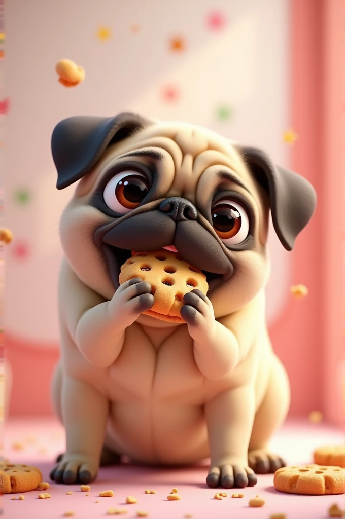 Create an animated female pug dog eating cookies that is colorful