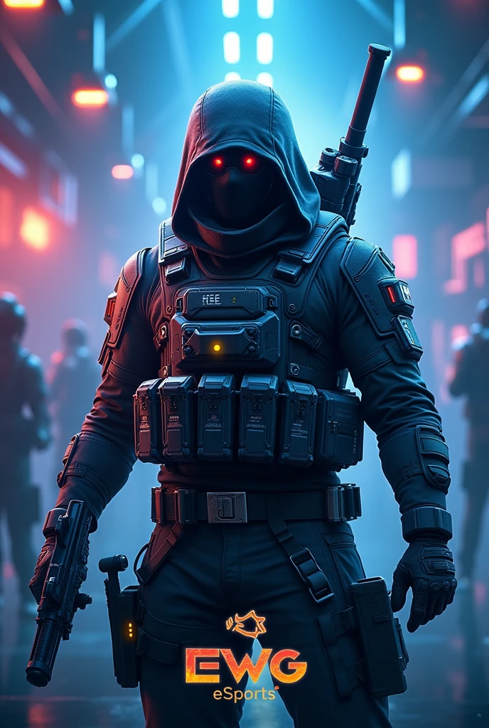 GENERATE AND IMAGE WITH A FREE FIRE CHARACTER AND GIVE TILE ON MIDDLE AS 'EWG ESPORTS ' AND USE BLACK AND BLUE COLOURS AND MAKE IT WITH GOOD EFFECTS