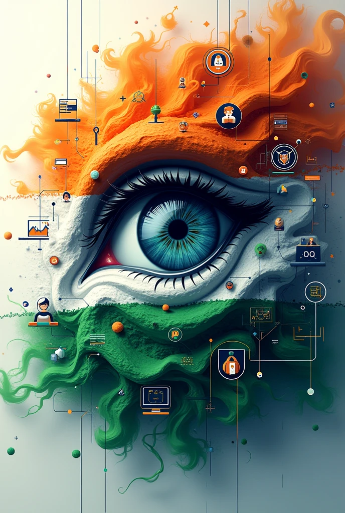 Write a logo with name "Razor Infotech" filled with Indian flag and back ground will be filled with top customer support solutions and it solution ads  main focus symbol will be robotic eye in middle etc  items all small items inspiring Indian independence day