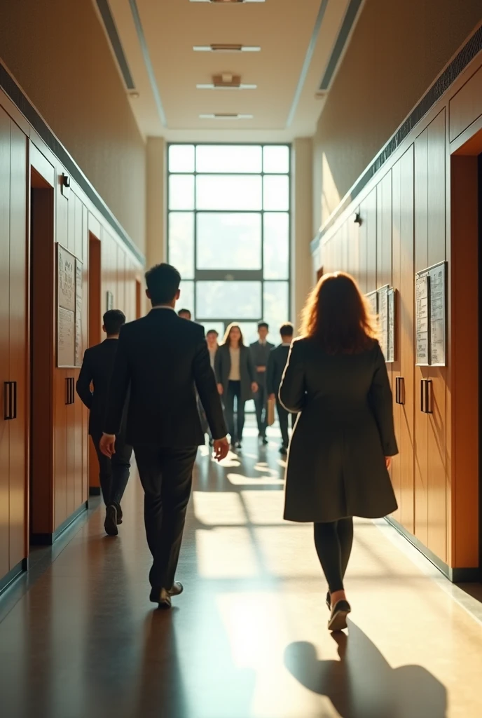 A bustling, luxurious school hallway, with cabinets along the walls and adult students passing by. The environment should be typical of a high-end school, with bulletin boards and windows letting in natural light..realisitic, cinematic, 8k
