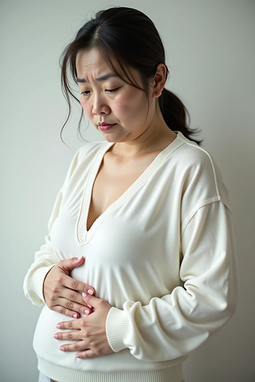 Upper body portrait of a middle-aged Japanese woman。Age around 50s。Body type is slightly overweight（BMI around 25-30）in、Abdomen has a gentle bulge。Female facing right、Slightly looking down。Expression shows anxiety and worry、Seems to be concerned about her own body shape。There are slight wrinkles between the eyebrows、Lips are slightly closed。
No jacket is worn、Only a tight-fitting white underwear is worn。Underwear follows the curves of the body、The bulge of the abdomen is slightly emphasized。Holding both hands on the stomach over the clothes。The gesture reveals self-consciousness and concern。Underwear is sufficiently long、The skin of the abdomen is not directly visible。
Composition is centered on the abdomen、Framed so that the entire upper body is visible。背景はシンプルin、The subject's inner conflict is emphasized。Overall Impression:、The worries and anxieties about one's body shape are subtly expressed。