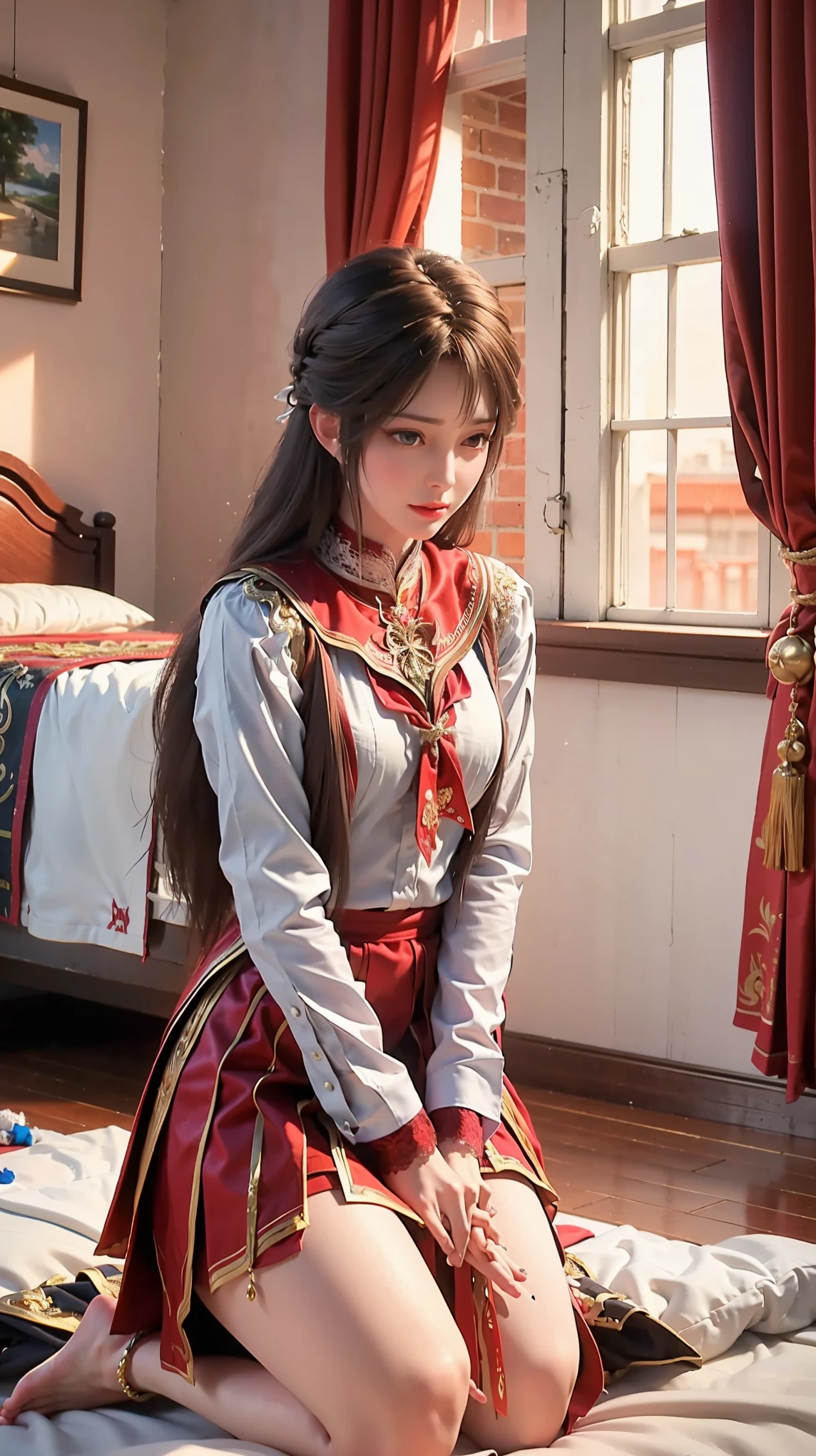 best quality，masterpiece，The Ultimate Solution，Fluffy，Extremely colorful，Mature beautiful woman，（Dress school uniform），Lace skirt，（Beautiful woman beheaded），Normal posture，（Kneeling），Kneeling on the bed，shackles，Beheading，collar，barefoot，Normal posture