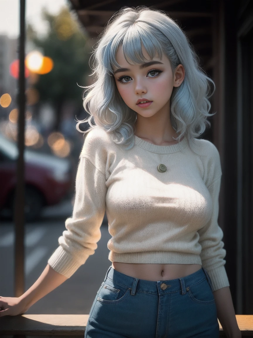 masterpiece, best quality, photography, style of Philip Lorca diCorcia, cinematic film photo of young Caucasian girl aged 18yo, 1girl, solo, blue and white hair, long wavy hair, air bangs, green eyes, tan skin, light makeup, short height,  body, athletic body, large breasts, perfect lips, wearing a button-up blue sweater, cropped, wearing blue jeans, cute face, baby face, vignette, highly detailed features, high budget, bokeh, cinemascope, moody, epic, gorgeous