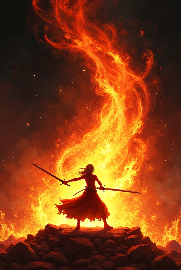 ((Best Quality)), ((masterpiece)), ((detailed)), ((High Definition)), an aura of blazing sword cuts in anime style, to-do color fire, with the black silhouette of a simple person in the center, dynamic movement, fighting pose, dance of purgatory. With a black background.