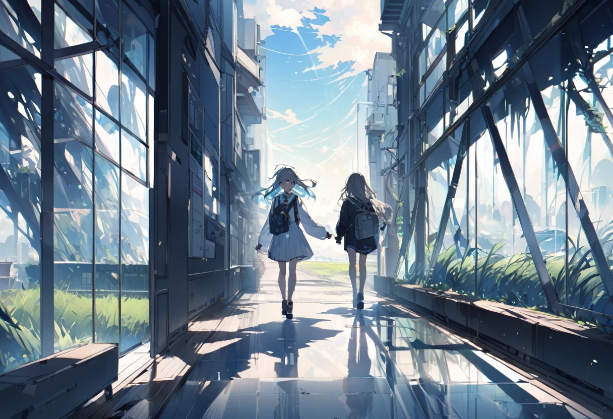 A grassy plain where the horizon is visible、The Earth floating in the sky、A translucent path continues on the Earth、A high school girl walking down the street、