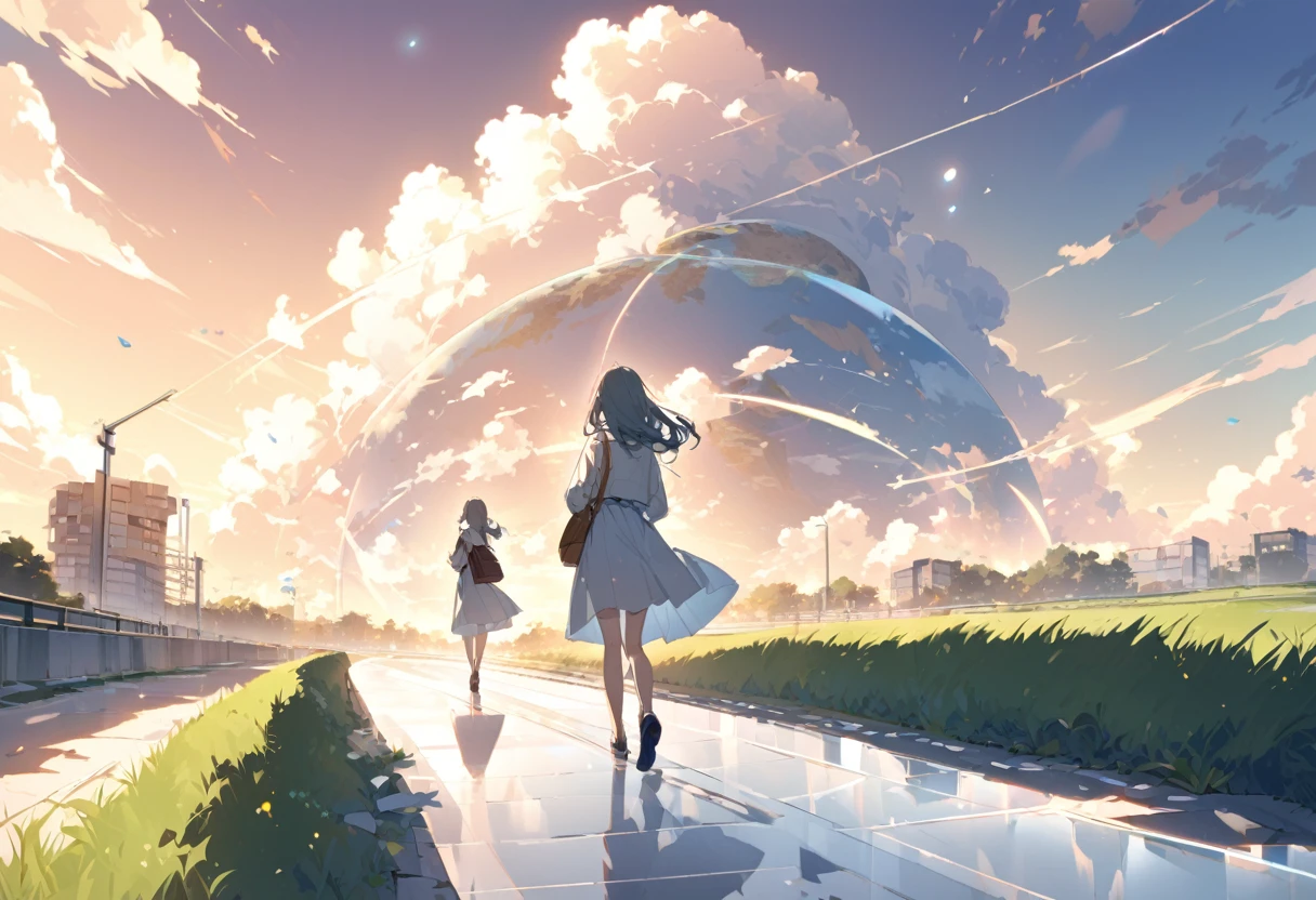 A grassy plain where the horizon is visible、The Earth floating in the sky、A translucent path continues on the Earth、A high school girl walking down the street、