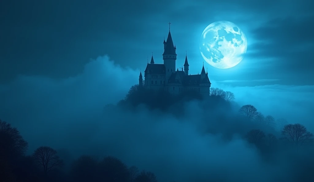 Mysterious Fog, light particles, old castle, blue moon, 