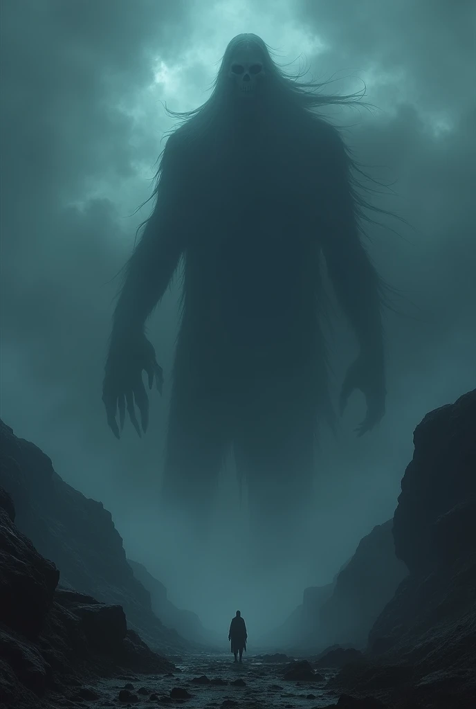 The total length is over 30 meters. Lurking in the dark clouds. Ambiguous shape. shadow. Become one with the darkness. Creepy face. The overall atmosphere is mysterious and frightening. Night sky in a mountainous area shrouded in fog and strong winds. electromagnetic waves,