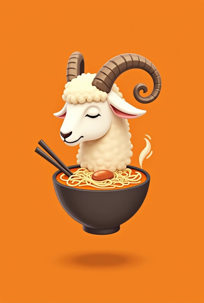 floating lamb head logo, turned slightly to the side, with horns, eating ramen, on orange background