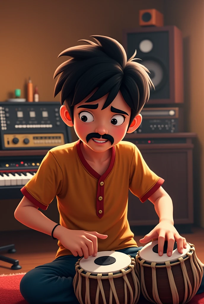 A 18 Year old boy Face on mustache play tabla and right hand side stay piano in music studio