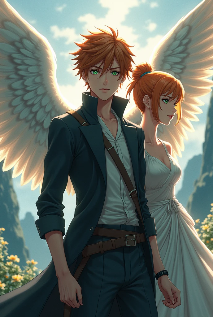 left ackerman, behind him a beautiful girl with short orange hair gathered in a small ponytail, with green eyes and angel wings