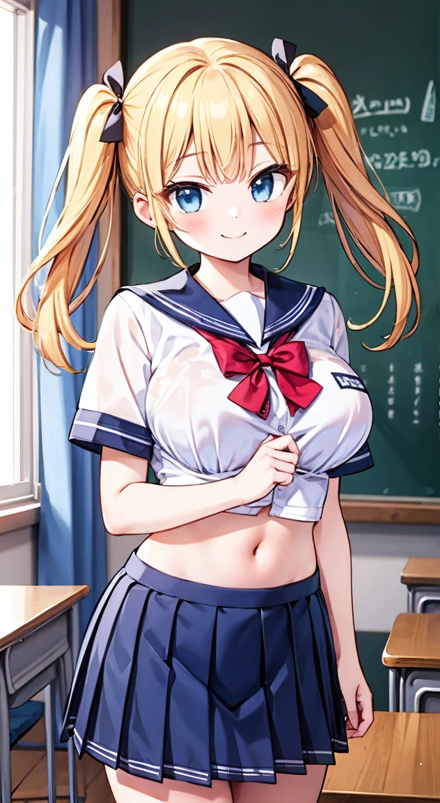 Highest quality,masterpiece,One person,Blonde,Twin tails,Schoolgirl uniform,Short sleeve,mini skirt,Large Breasts,smile,classroom,Sheer bra,