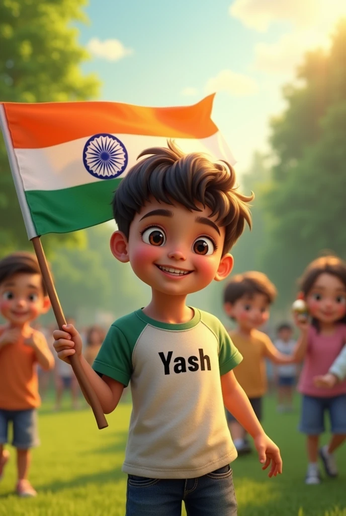 Create a image of  boy who hold Indian flag in hand and write Yash on boy t-shirt 