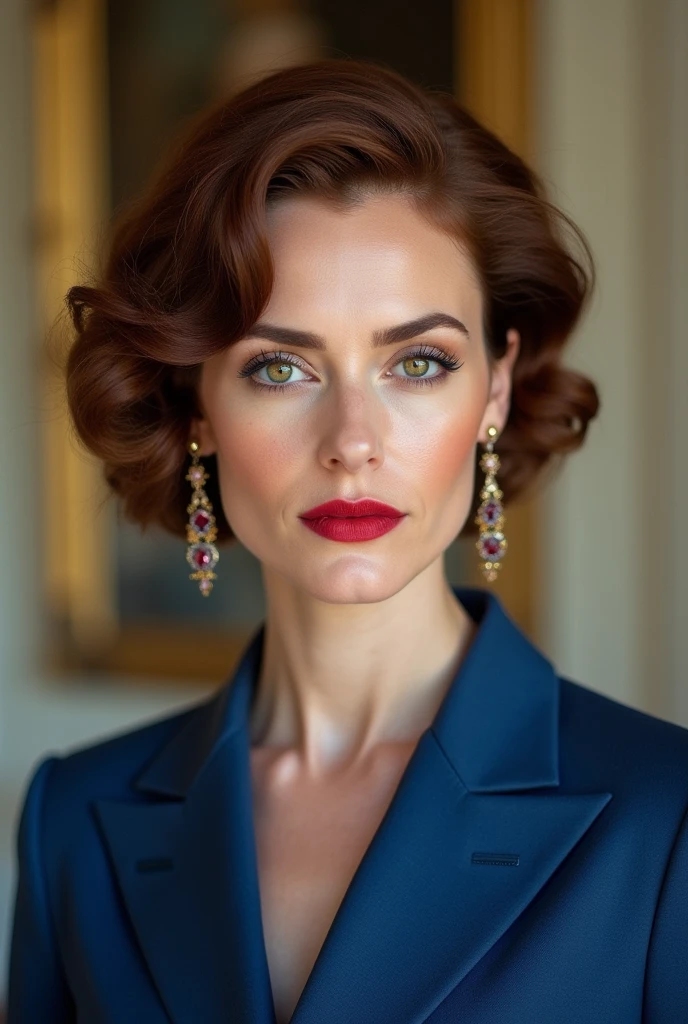 Irene Adler，Brown-haired，Realistic style，Photography，Half short hair，curls，Brown eyes，Citrine earrings，Serious，modernization，Healthy body shape，august，37 years old，White，Blue suit dress，Close your mouth，Red lips，In Buckingham Palace