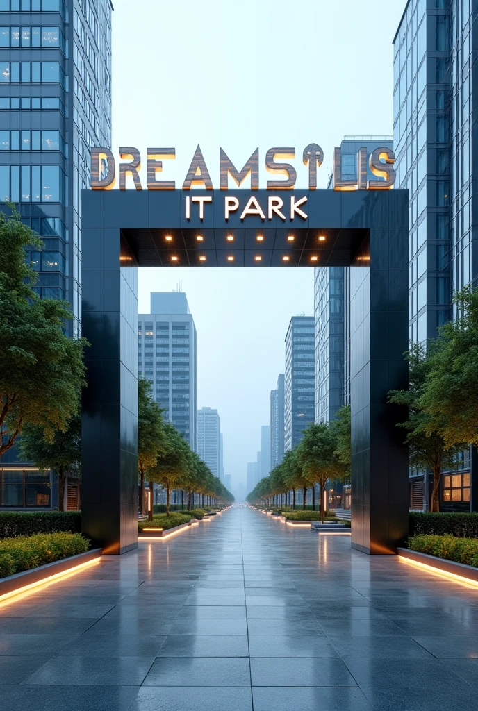 A corporate gate, with Dreams IT Park written big on the front