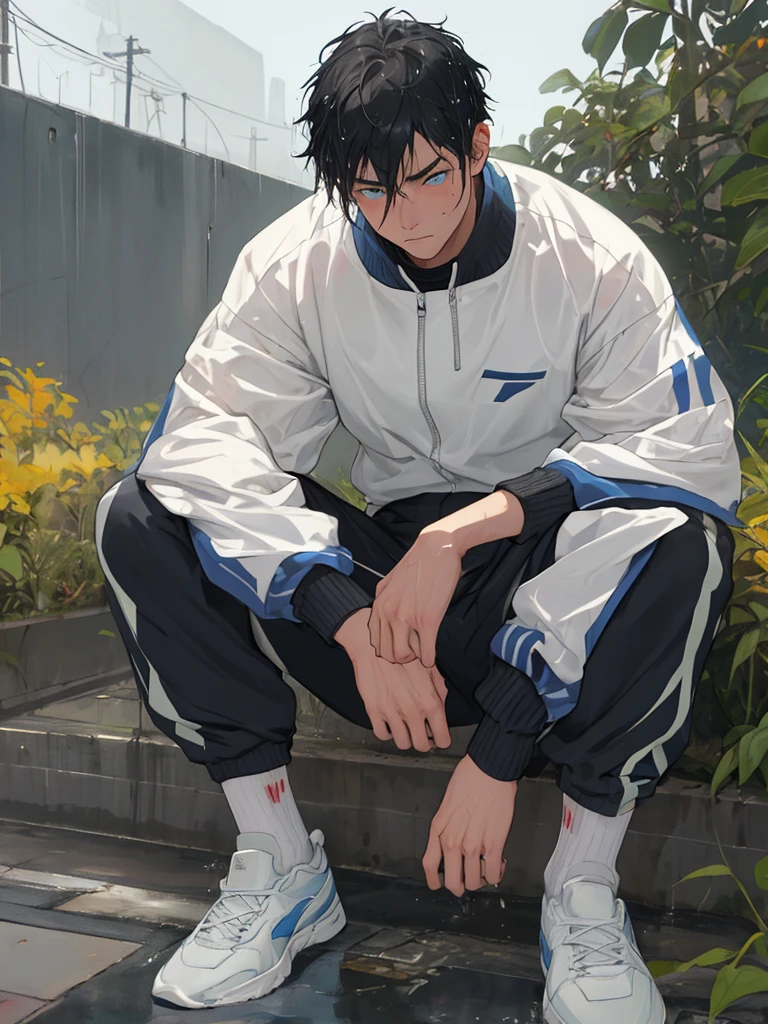 (1 Adult male),A high resolution, Sharp focus, Pixiv masterpiece, ((Complicated details)), highly detailed, natsuki_subaru, 1 man,perfect male figure,Urine on the trouser leg, Nervously bow your head,is shy,embarressed,exhilarated,is shocked,panicking,worry,A pool of urine formed around him,Very eager to pee,Unbearable,Wet yourself,Urine discharge,full bodyesbian,sit astride,Tired,decadent, blue color eyes(eyes glowing), Black hair short hair,track suit,track pants,White socks and sneakers worn on feet,perspire,Drenched,Get wet,pissing,urine flows down the pants,look from down