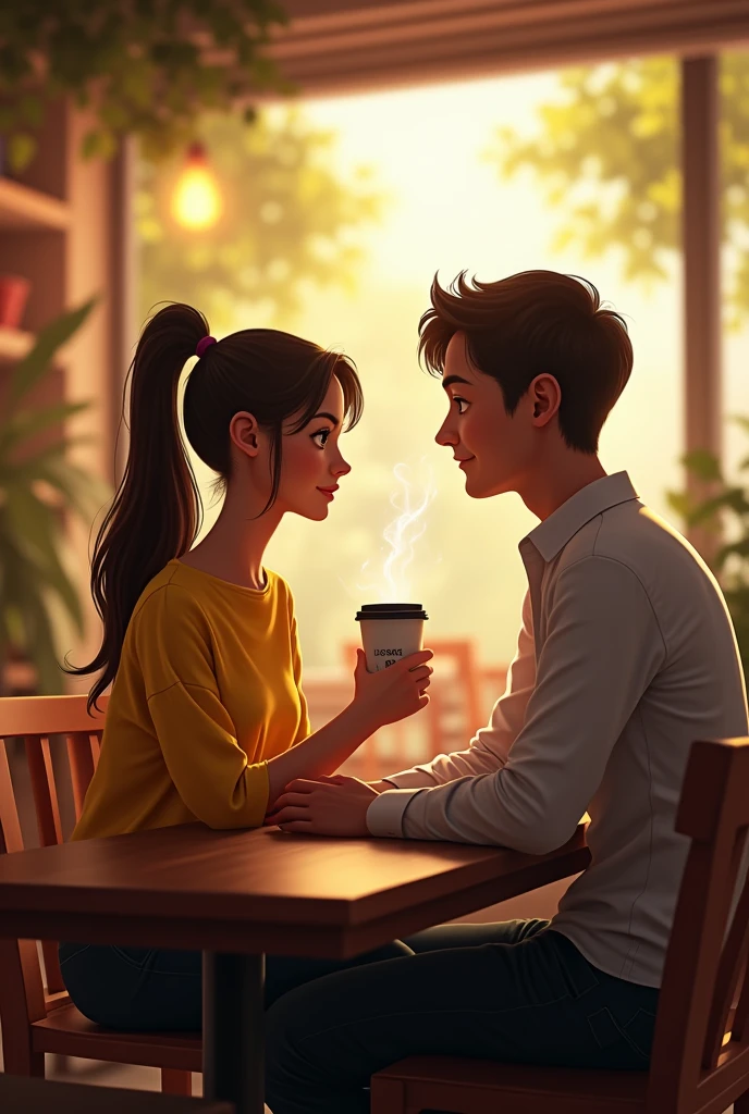 A backside view of a man and a woman sitting in a coffee shop. The woman is wearing a yellow top and her hair is tied up in a ponytail style. a space for typing a story 