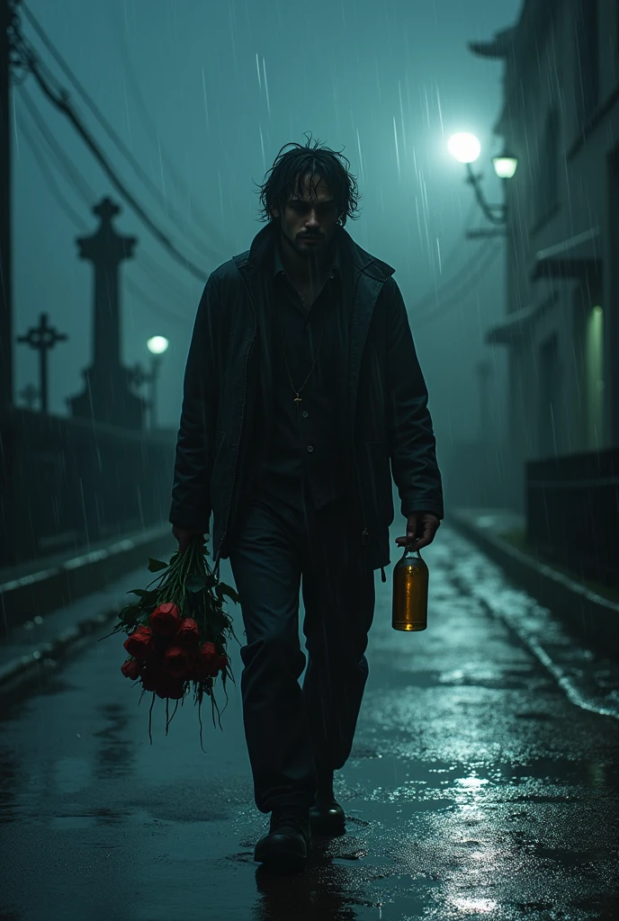 (masterpiece: 1.5) (photorealistic: 1.1) (8k) (HdR) (cinematic lighting), cinematic light, ray tracing, ultra high resolution, UHD, (photorealistic: 1.4), intricate details, detailed texture, finely detailed, high quality shade, A man walks in the night, There is fog due to the (heavy rain), His face and clothes completely soaked by the (heavy rain), (trumpet), Down a street, some very faint moonbeams fall illuminating his face, showing sadness, pain, sobs, His walk is sad and slow. , In one hand she carries a bouquet of roses wilted by the rain.. in the other side, a half empty bottle of alcohol, walks slowly, In the distance you can see a cemetery
